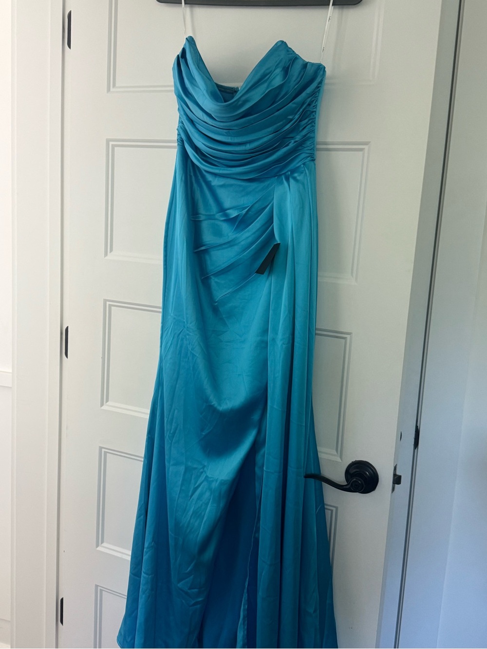 Lulu's Teal Strapless Draped Evening Gown